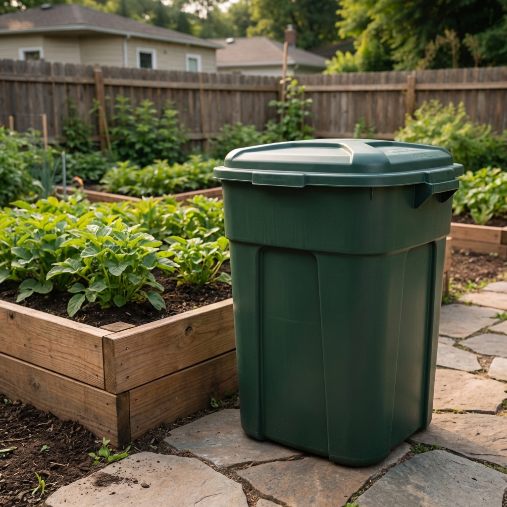 A real photograph of a compost bin with a tight lid placed on a patio near a garden bed