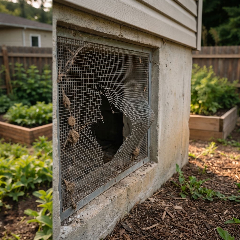 A real photograph of a crawlspace vent on a house foundation with a damaged metal screen