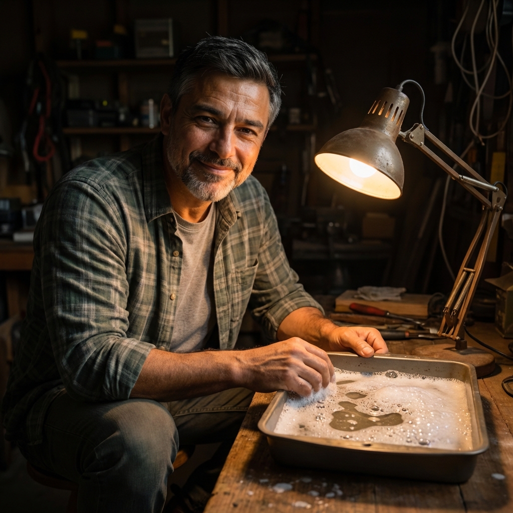 A real photograph of a desk lamp shining onto a shallow baking pan filled with soapy water in a darkened room