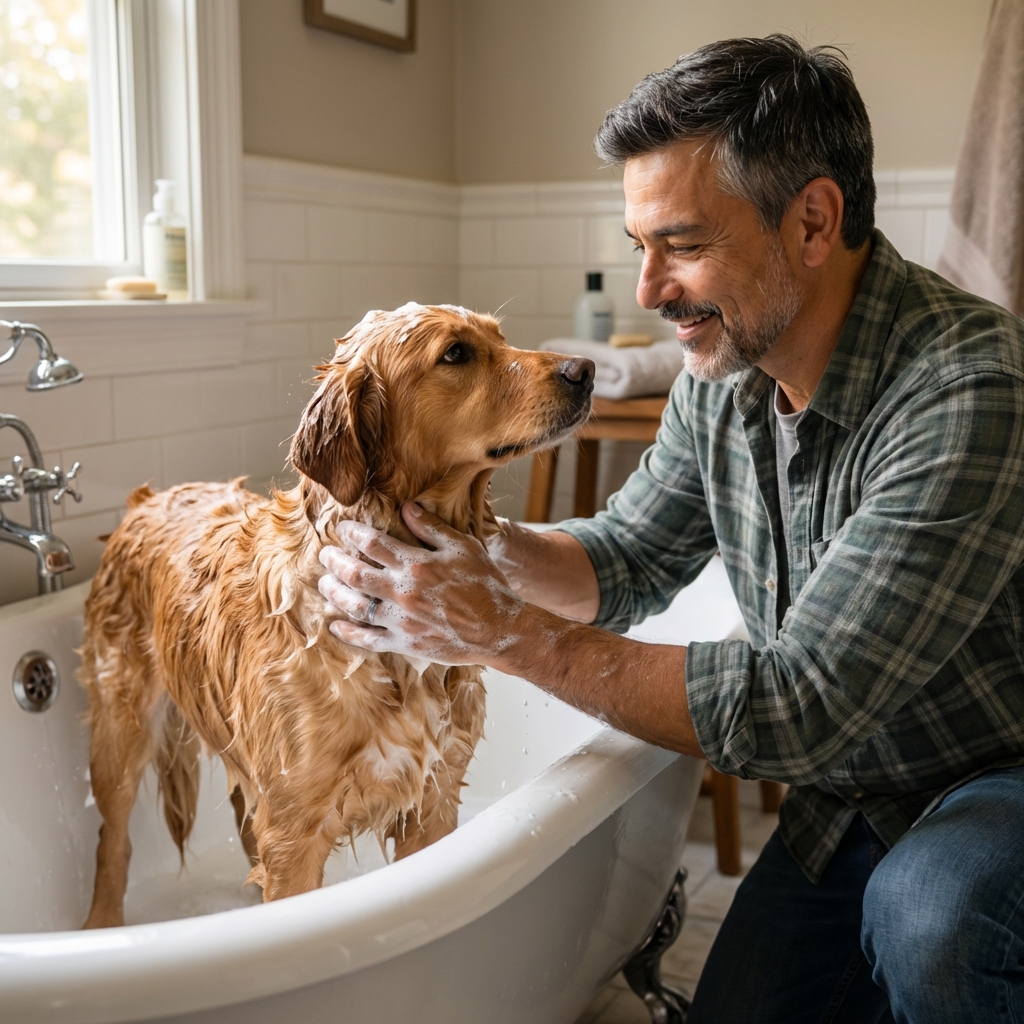 A real photograph of a dog being bathed in a tub while a person lathers shampoo into the coat