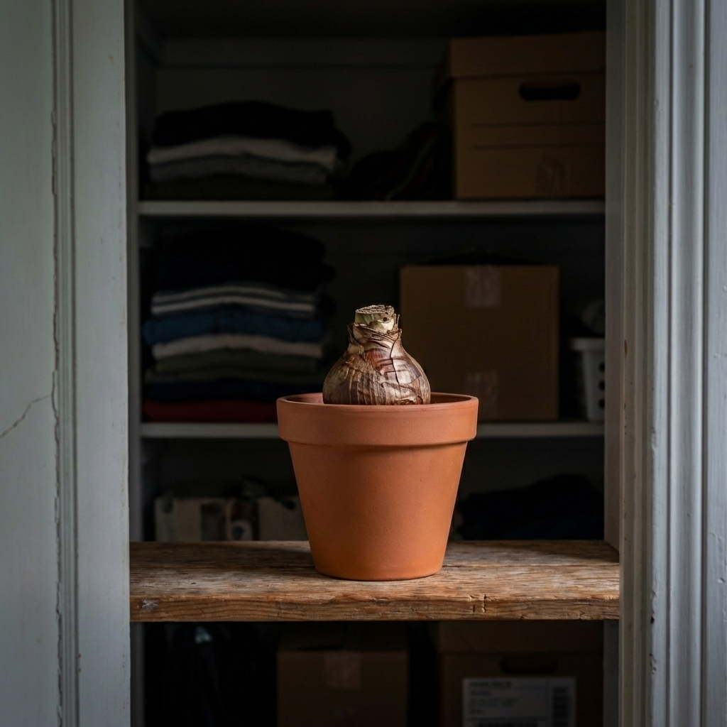 A real photograph of a dormant amaryllis bulb in a plain pot stored on a shelf in a cool, dim closet