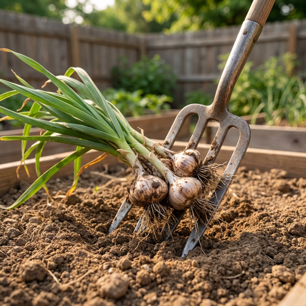 A real photograph of a garden fork lifting garlic bulbs from dry soil with green tops still attached