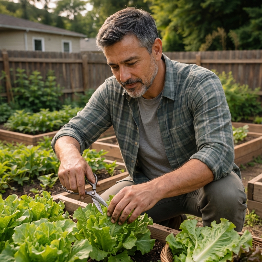 A real photograph of a gardener harvesting leaf lettuce from a raised bed using garden scissors