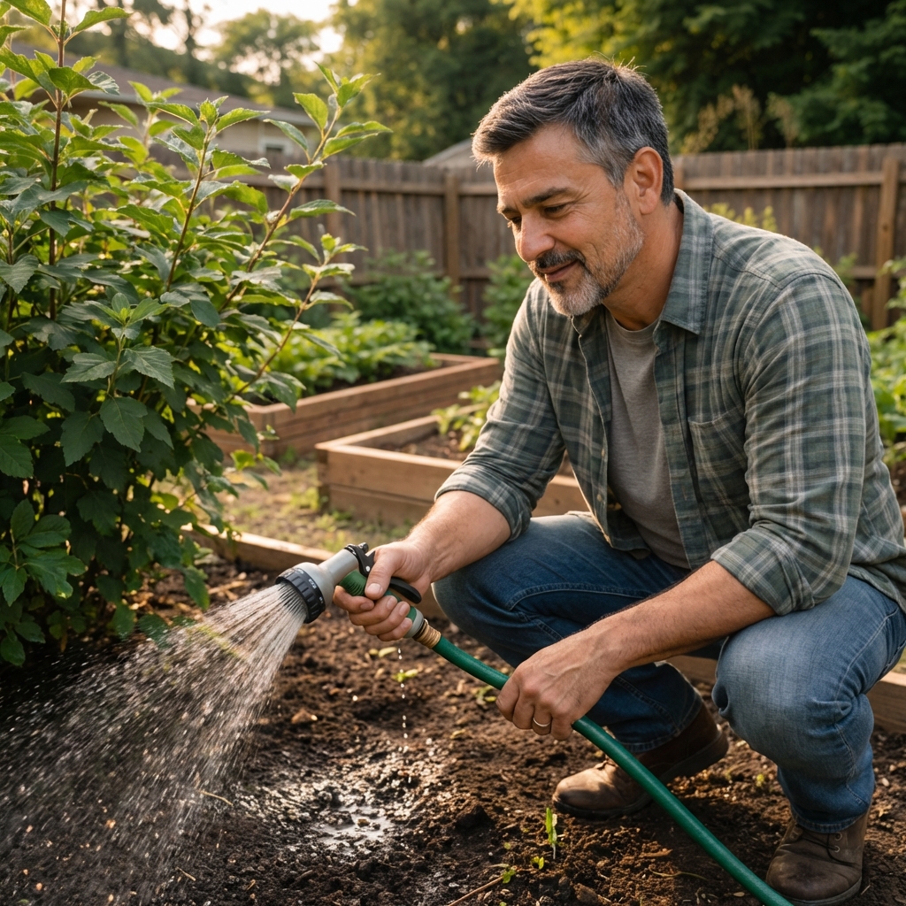 A real photograph of a gardener holding a hose-end sprayer while watering the soil under shrubs in a backyard