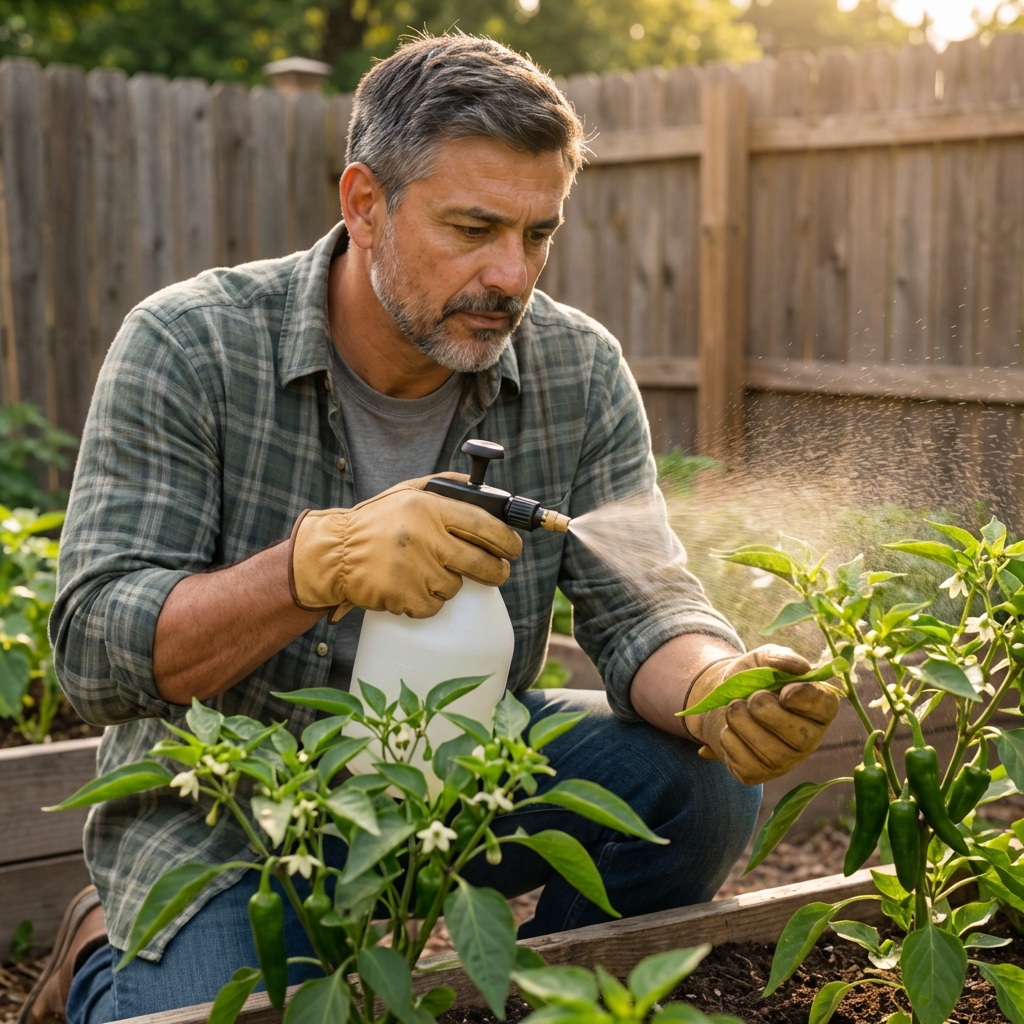 A real photograph of a gardener wearing gloves using a handheld sprayer to treat the underside of pepper plant leaves in a backyard garden