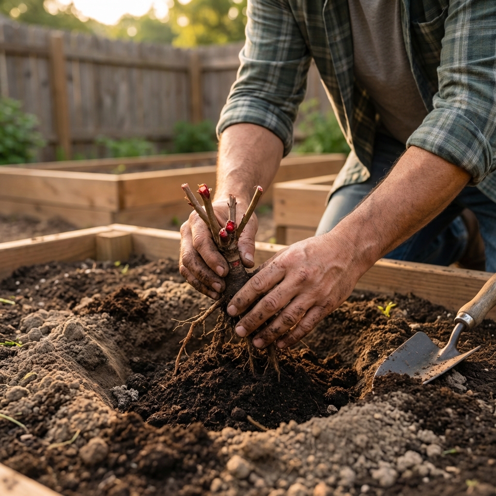 A real photograph of a gardener’s hands planting a bare-root peony in a dug hole with compost and native soil