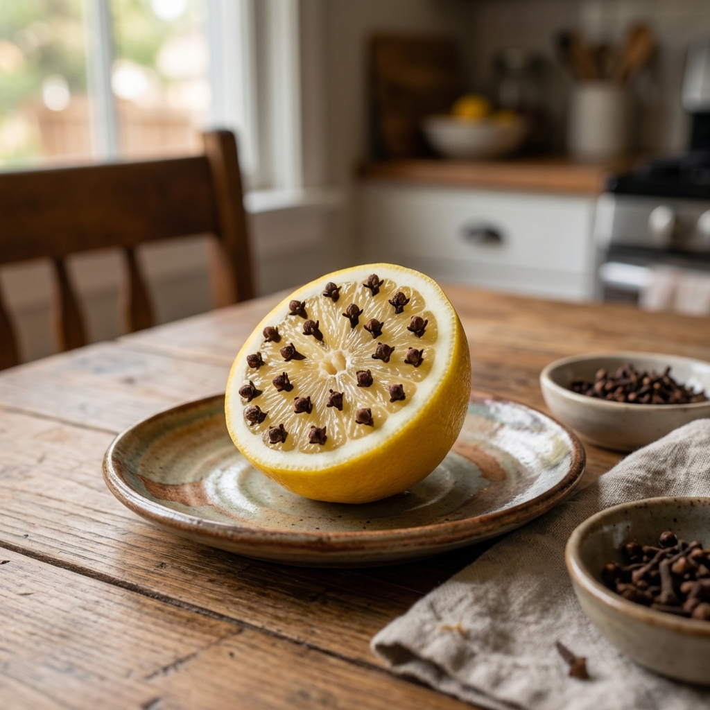 A real photograph of a halved lemon studded with whole cloves sitting on a small plate on a kitchen table