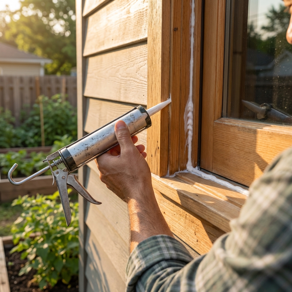A real photograph of a hand applying caulk along an exterior window frame on a sunny day