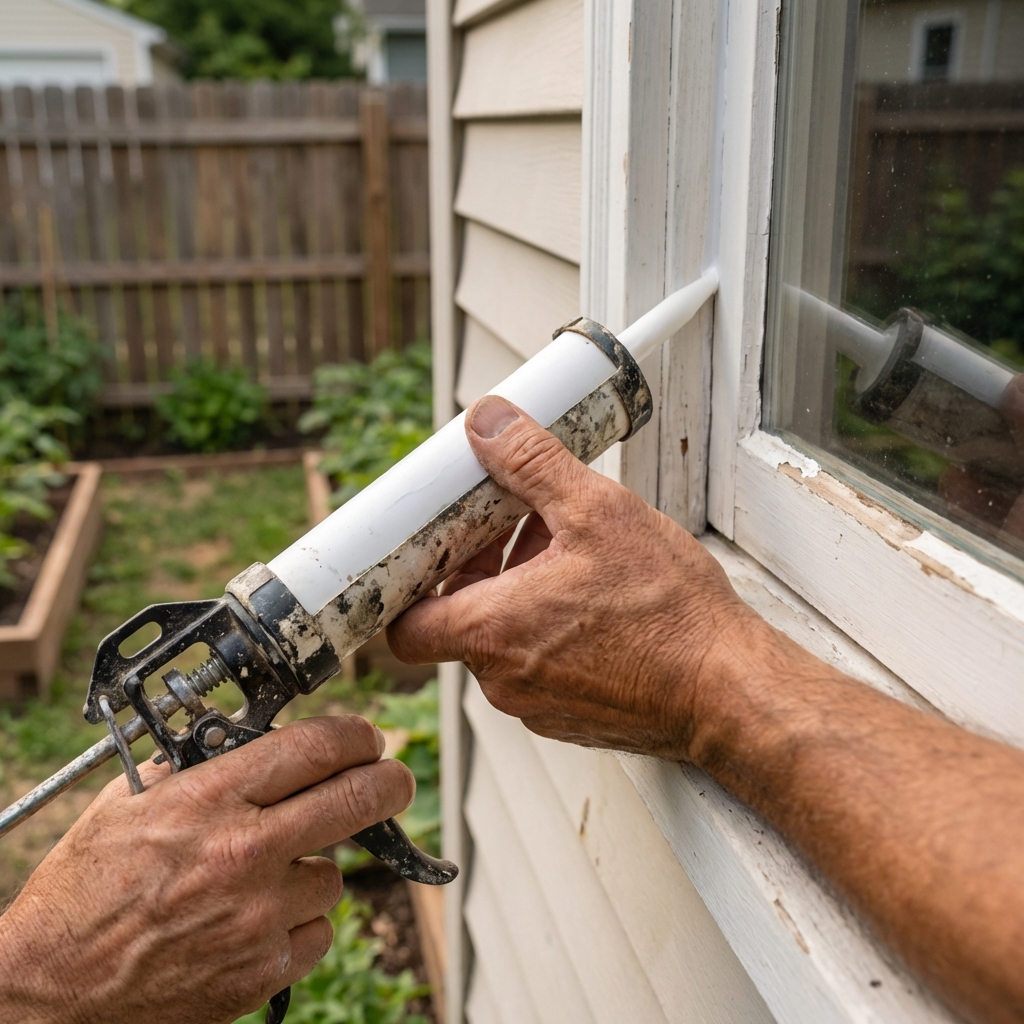 A real photograph of a hand applying exterior caulk along a window frame on a house