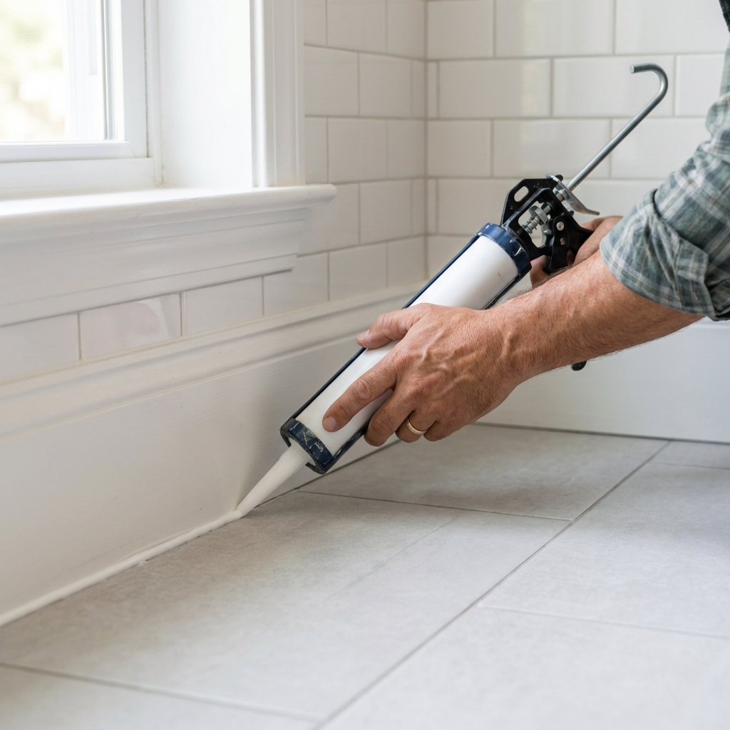 A real photograph of a hand applying white caulk along a baseboard seam in a bathroom