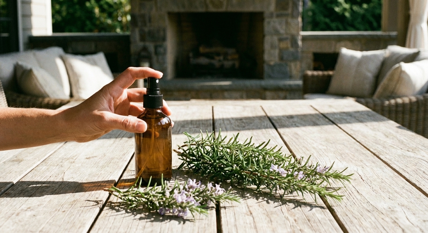 A real photograph of a hand holding a small spray bottle next to fresh rosemary sprigs on a wooden outdoor table
