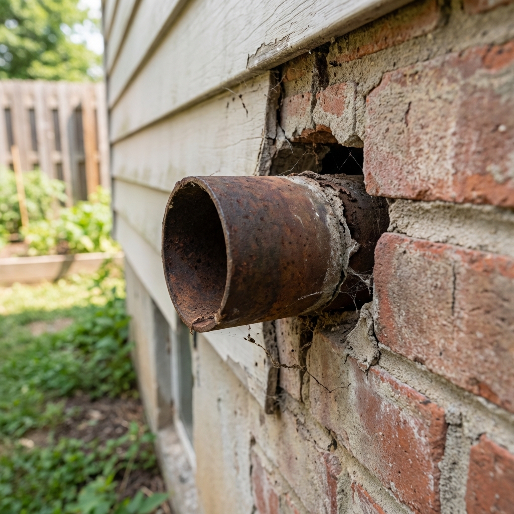 A real photograph of a home exterior wall where a pipe enters the house with a visible unsealed gap around the penetration