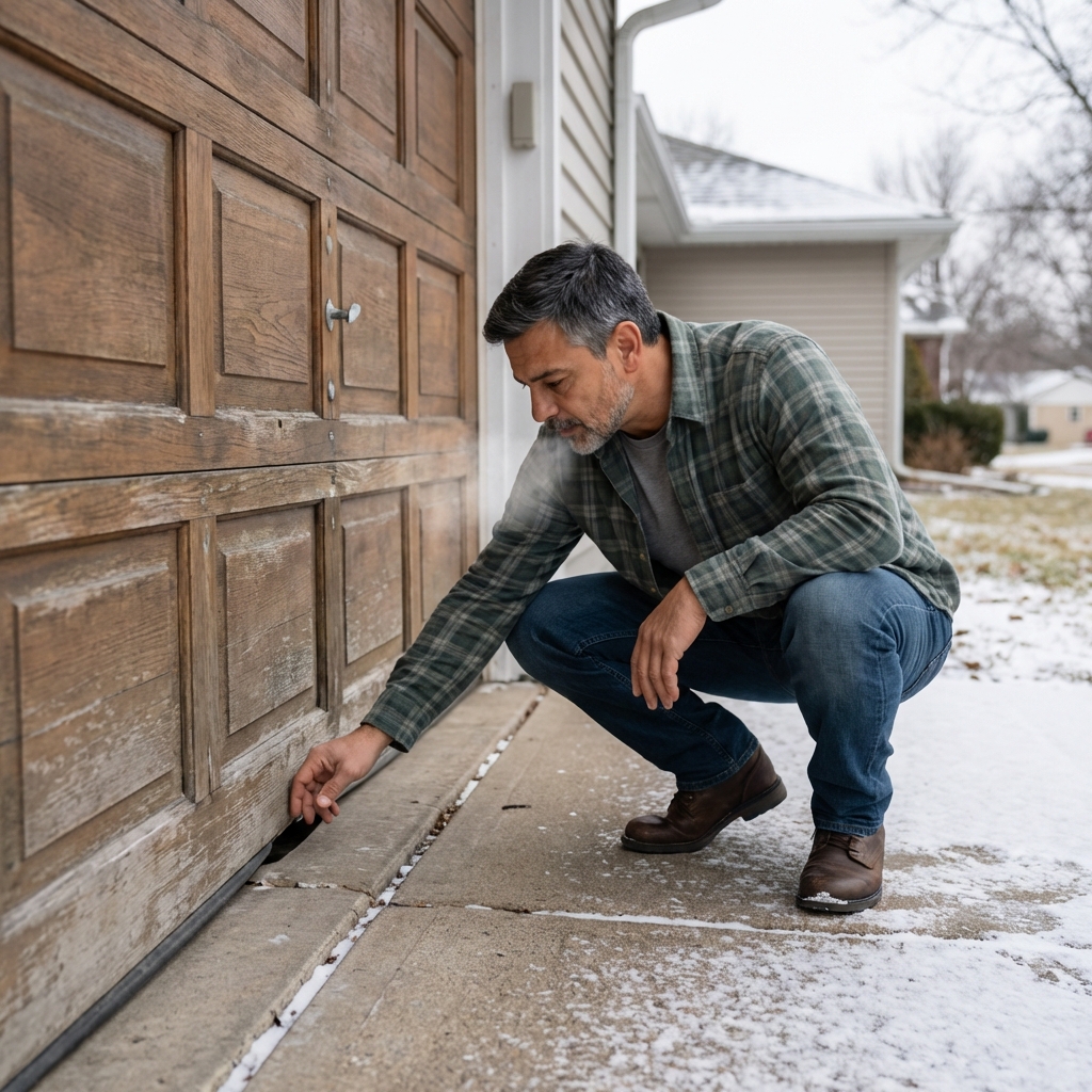 A real photograph of a homeowner inspecting a small gap under a garage door on a cold day