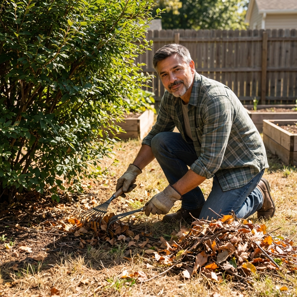 A real photograph of a homeowner raking leaves and debris from under backyard shrubs on a dry sunny day