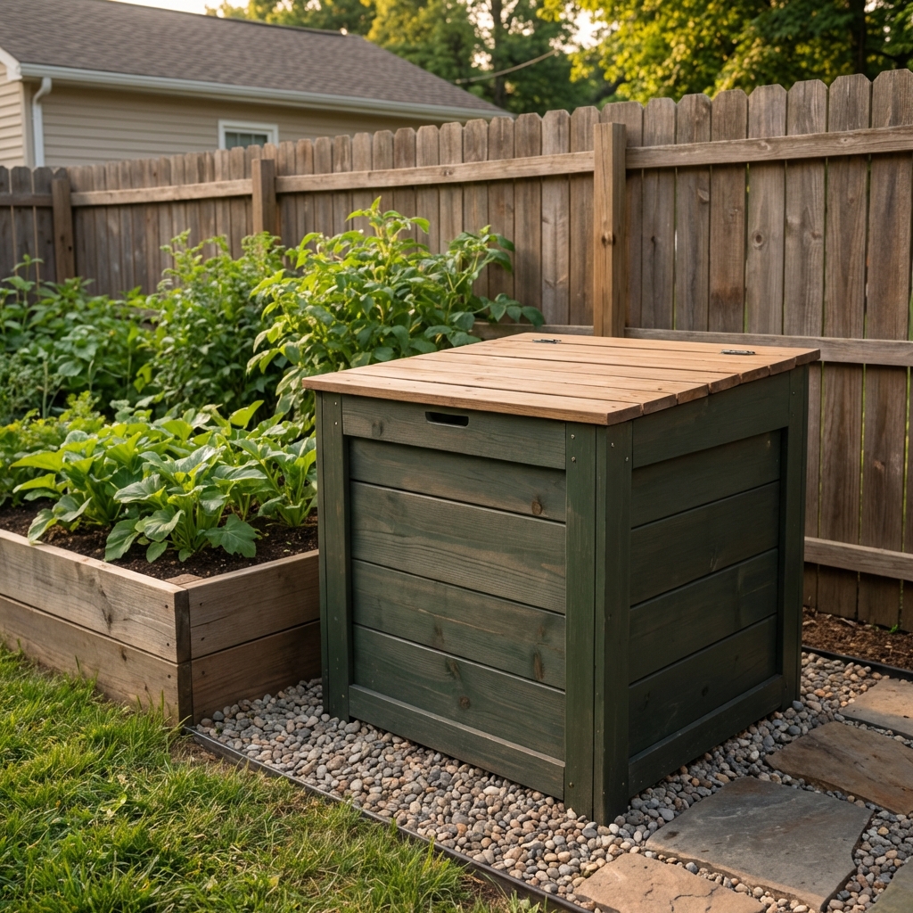 A real photograph of a lidded compost bin in a backyard garden with a tidy area around it and no loose scraps on the ground