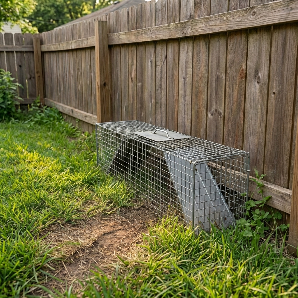 A real photograph of a live trap placed flush along a wooden fence with a visible worn path in the grass