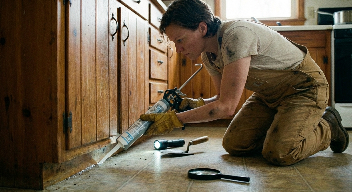 A real photograph of a person applying clear silicone caulk along a baseboard gap in a kitchen