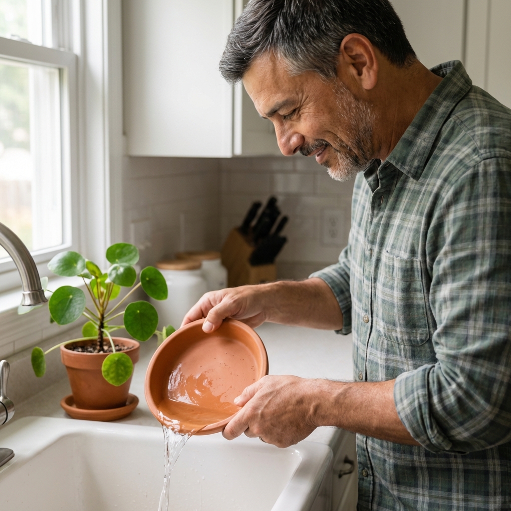 A real photograph of a person emptying water from a plant saucer into a sink next to a small indoor houseplant