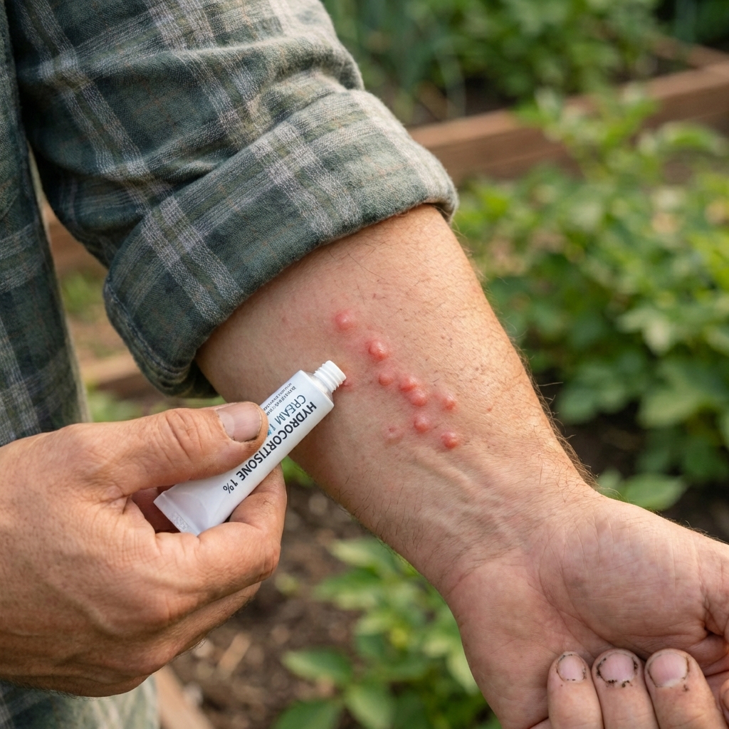 A real photograph of a person holding a small tube of hydrocortisone cream next to a lightly reddened bite on their wrist