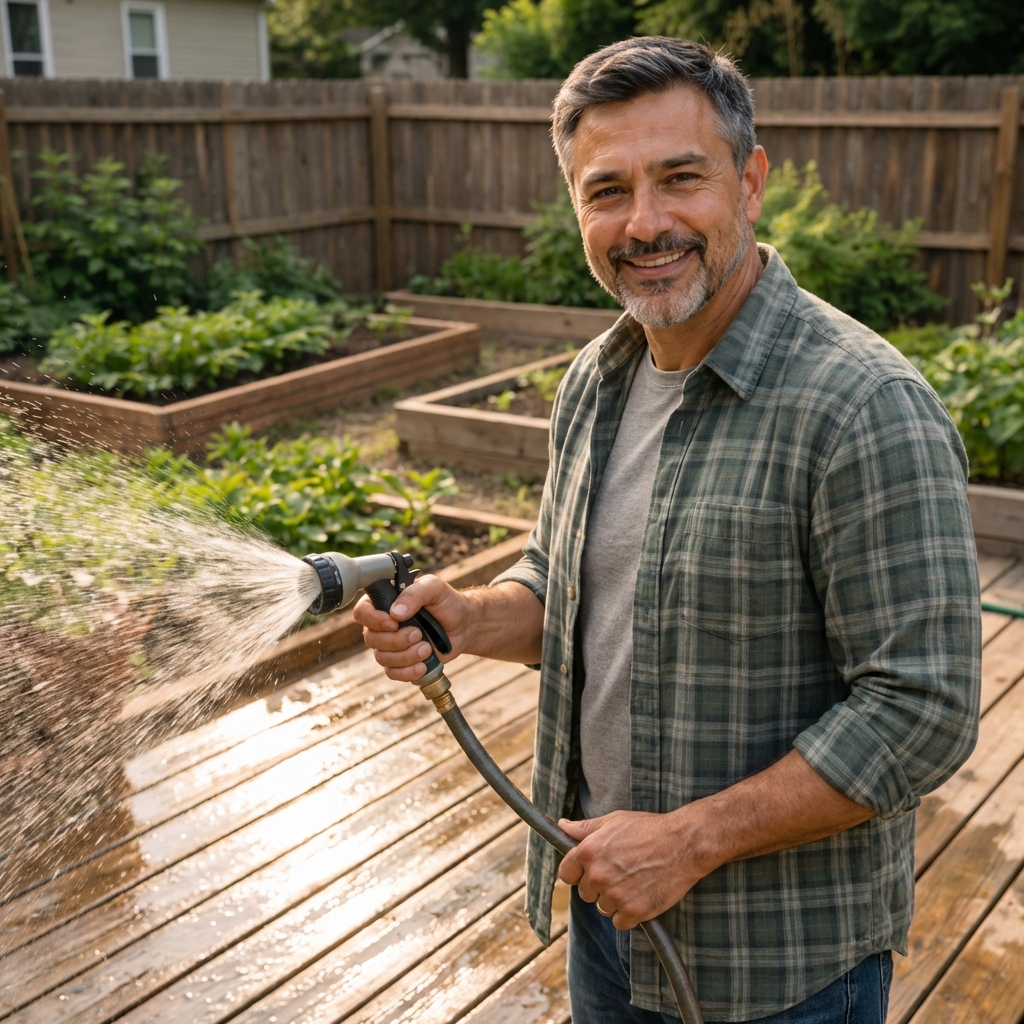 A real photograph of a person hosing down a wooden deck in a backyard on a sunny day