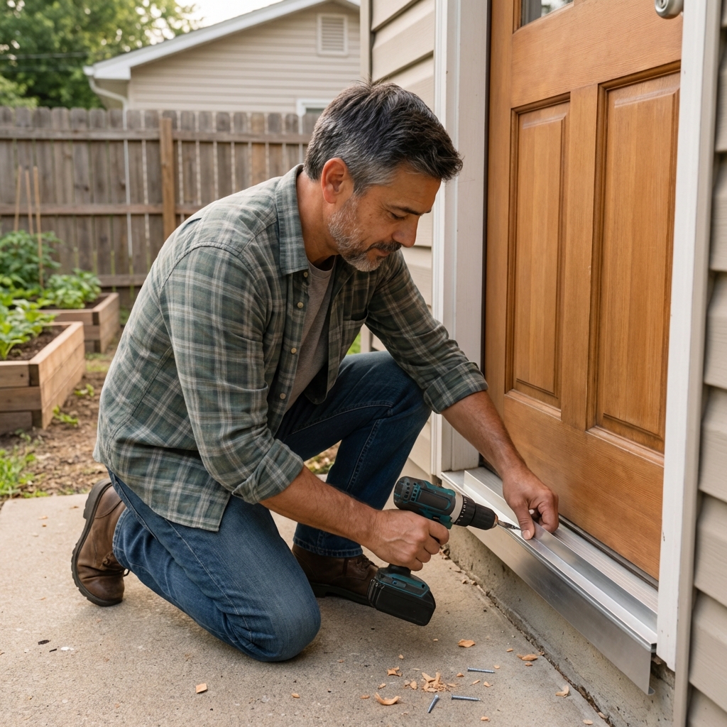 A real photograph of a person installing a metal door sweep on the bottom of an exterior door