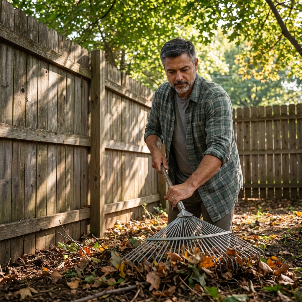 A real photograph of a person raking leaves and debris from a shaded area of a backyard near a wooden fence