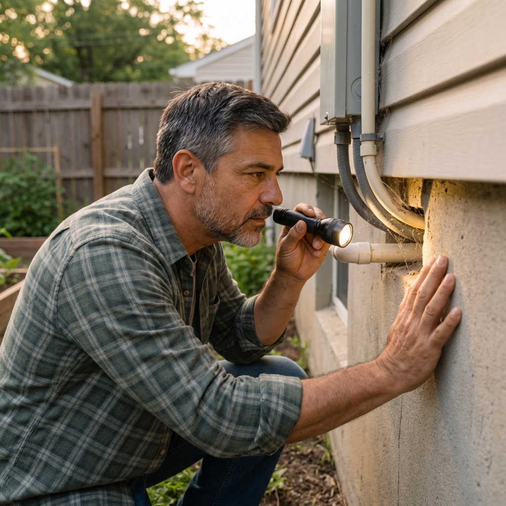 A real photograph of a person using a flashlight to check gaps around exterior pipes and cables on a home foundation