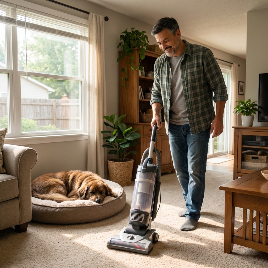 A real photograph of a person vacuuming a living room carpet near a pet bed in natural daylight