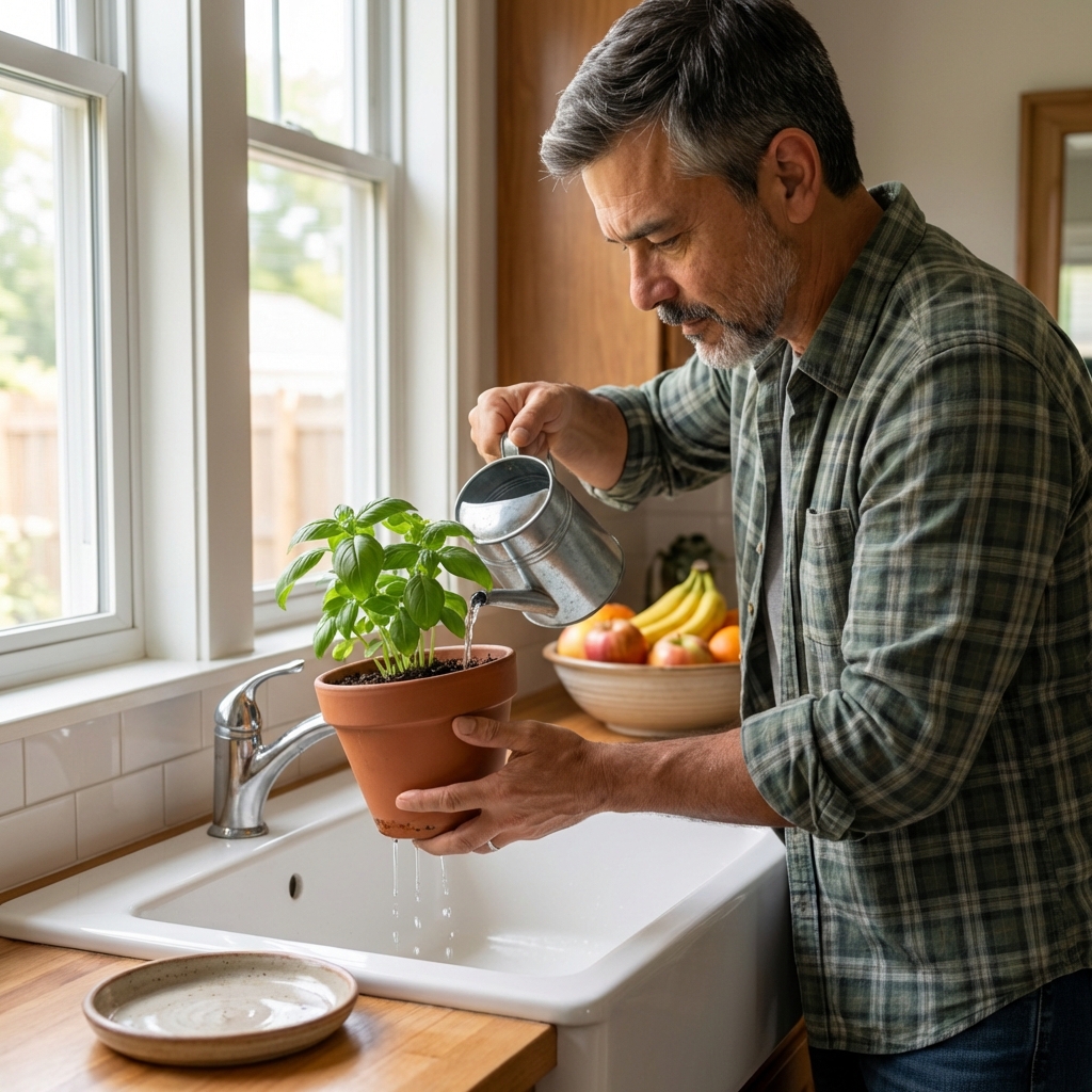 A real photograph of a person watering a houseplant carefully at a sink and letting the pot drain before returning it to a saucer