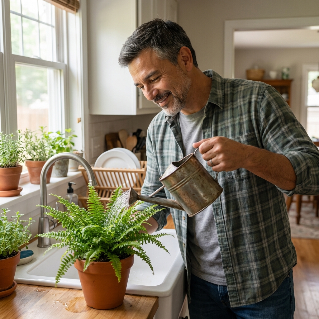 A real photograph of a person watering a potted houseplant with a small watering can over a kitchen sink