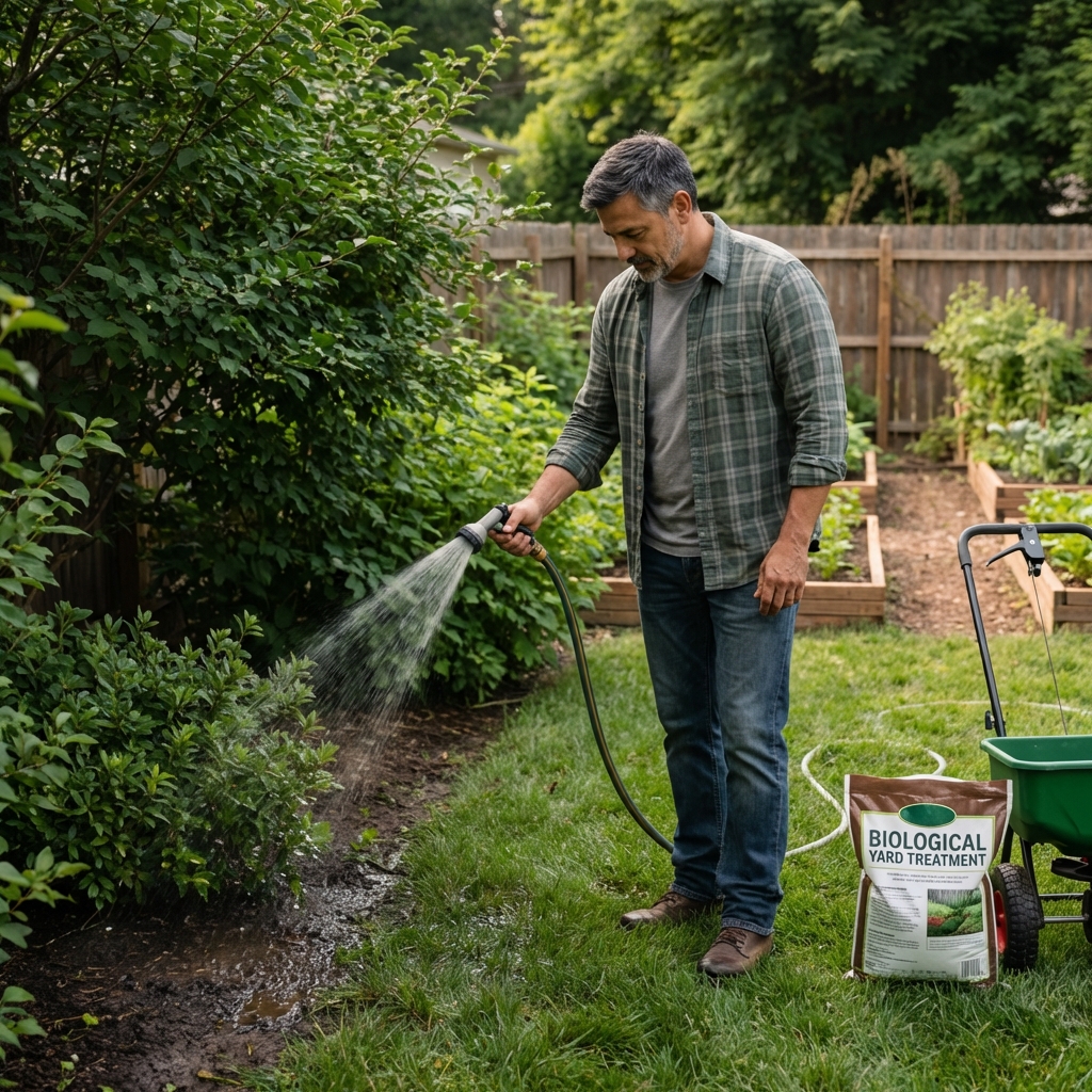 A real photograph of a person watering a shaded lawn area near shrubs after applying a biological yard treatment