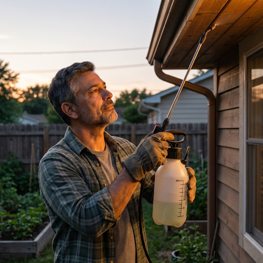 A real photograph of a person wearing gloves holding a pump sprayer near an outdoor eave at dusk
