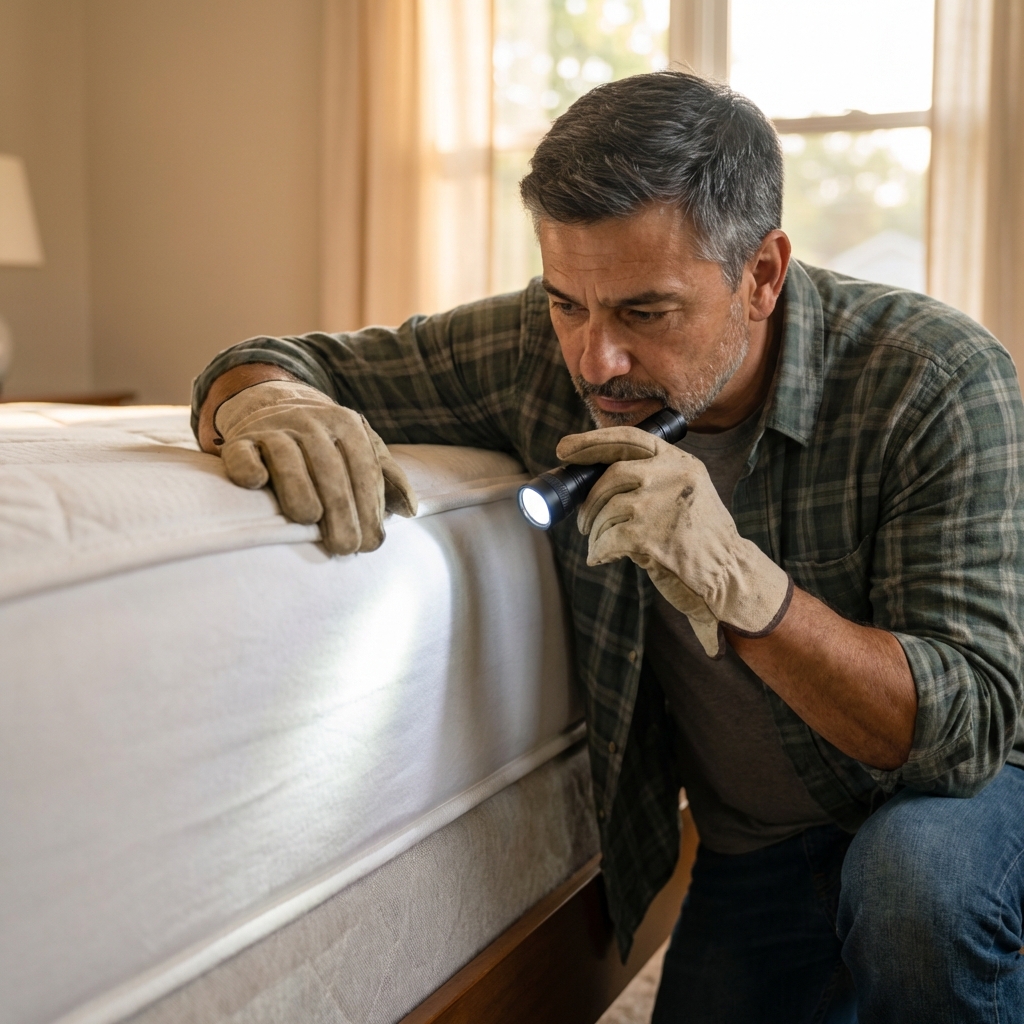 A real photograph of a person wearing gloves lifting a mattress corner to inspect the seam with a bright handheld flashlight