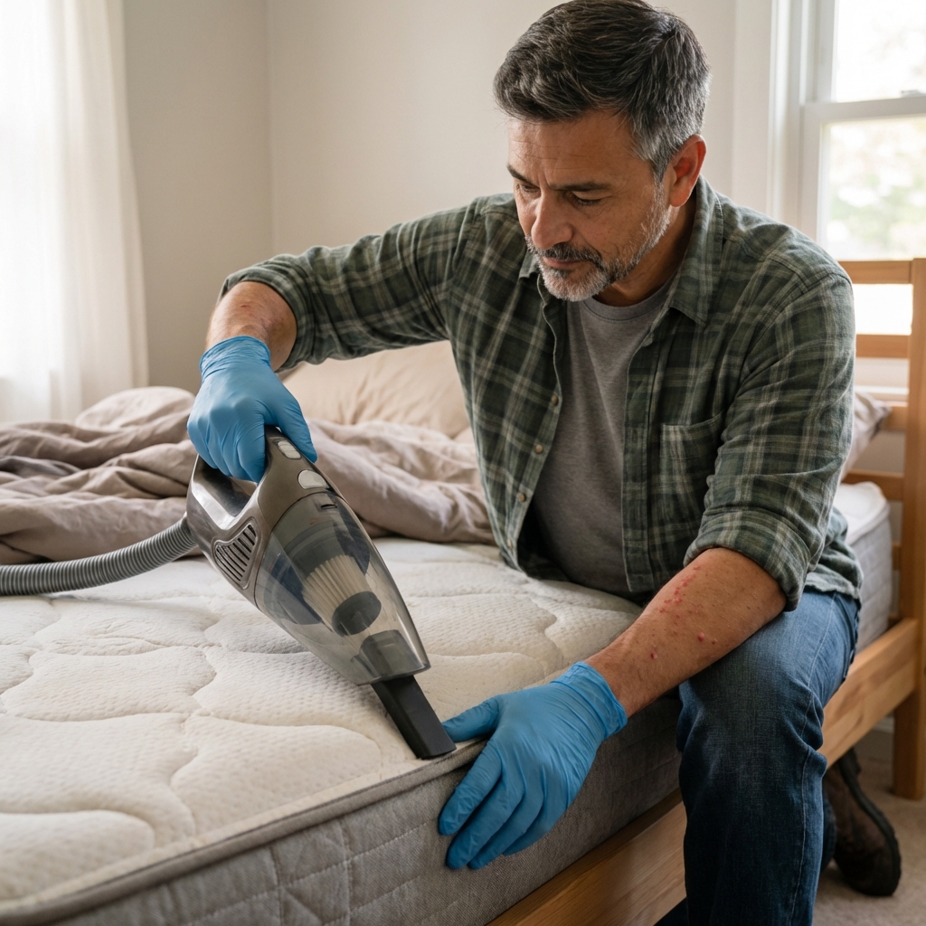 A real photograph of a person wearing gloves vacuuming along the seam of a mattress in a bedroom
