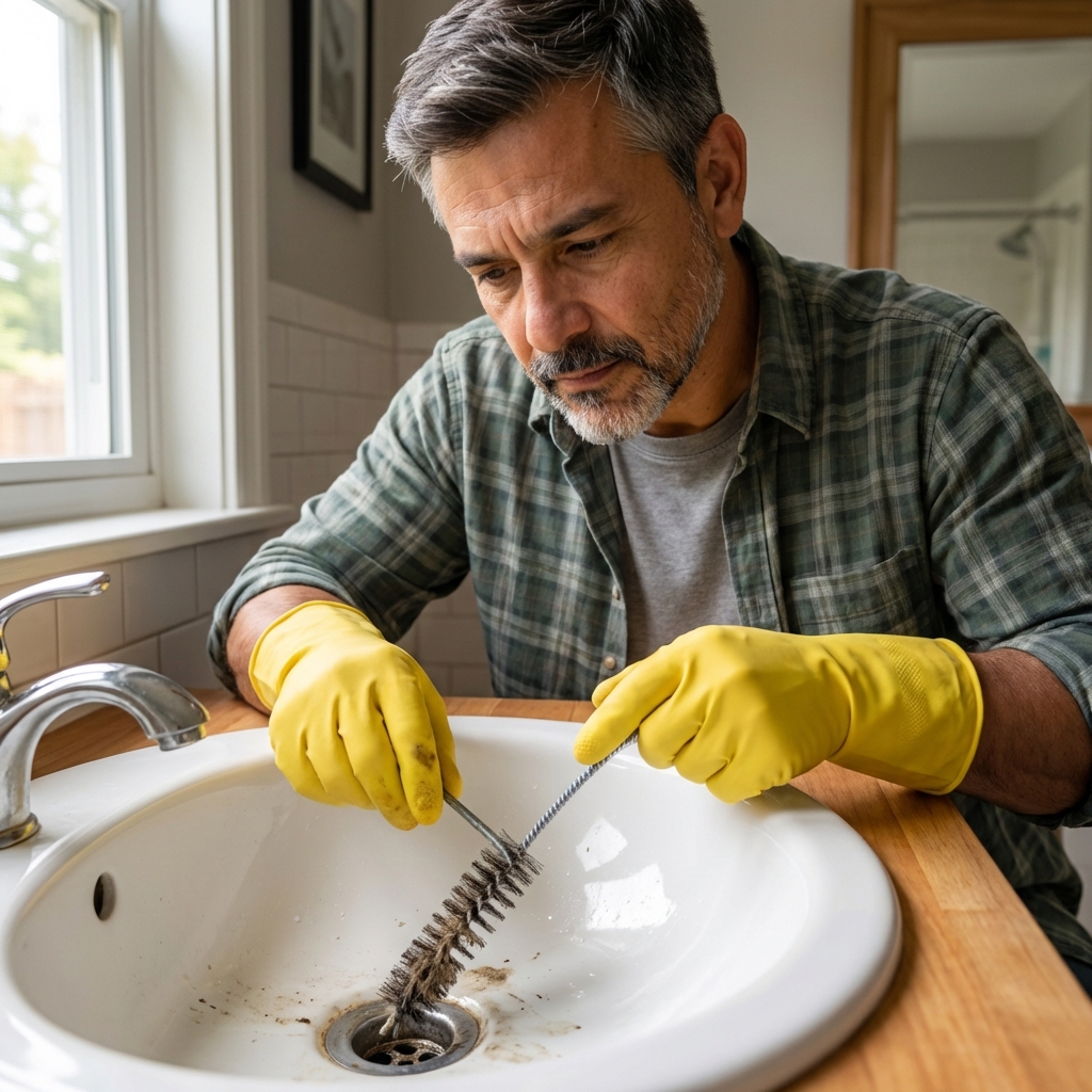 A real photograph of a person wearing rubber gloves using a drain brush in a bathroom sink drain