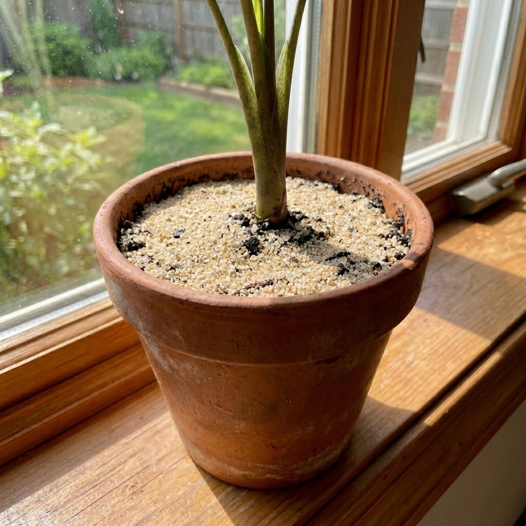 A real photograph of a potted plant with a thin layer of coarse sand covering the surface of the potting mix