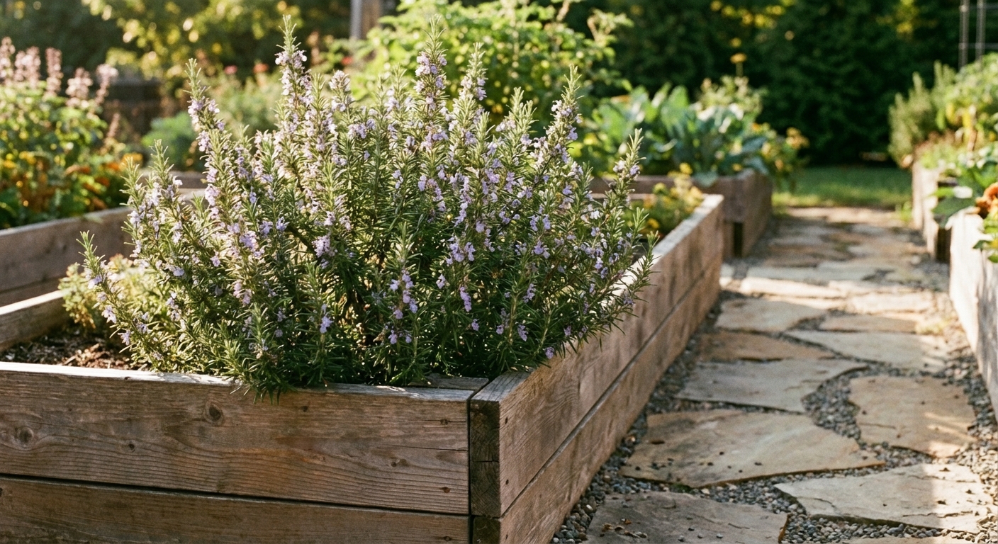 A real photograph of a rosemary bush growing in a sunny raised bed beside a stone garden path