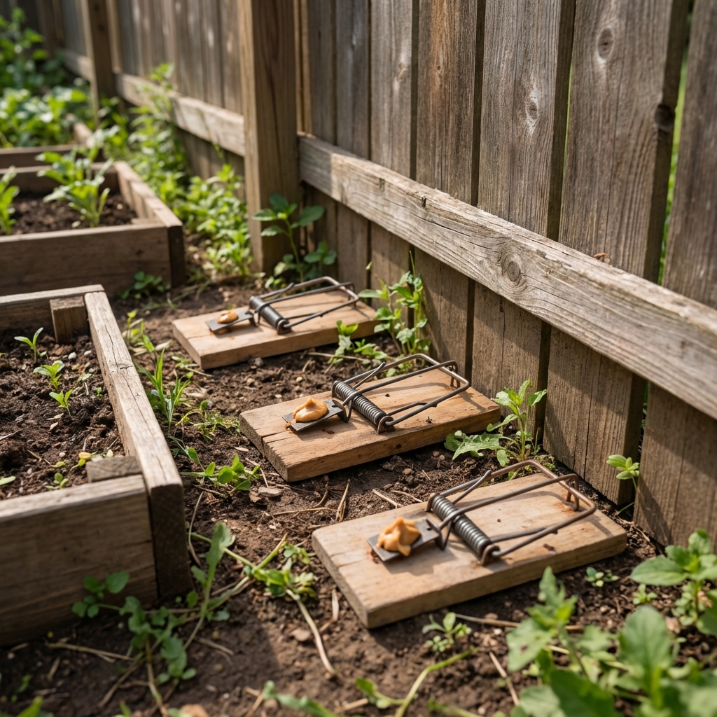 A real photograph of a row of three rat snap traps placed along a wooden fence line in a backyard