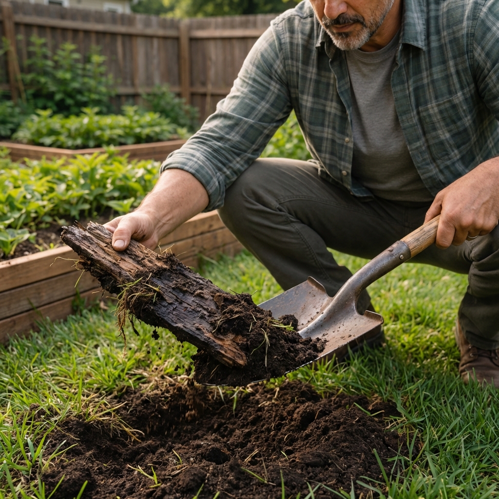 A real photograph of a shovel lifting a small piece of rotting wood from soil beneath turf in a backyard