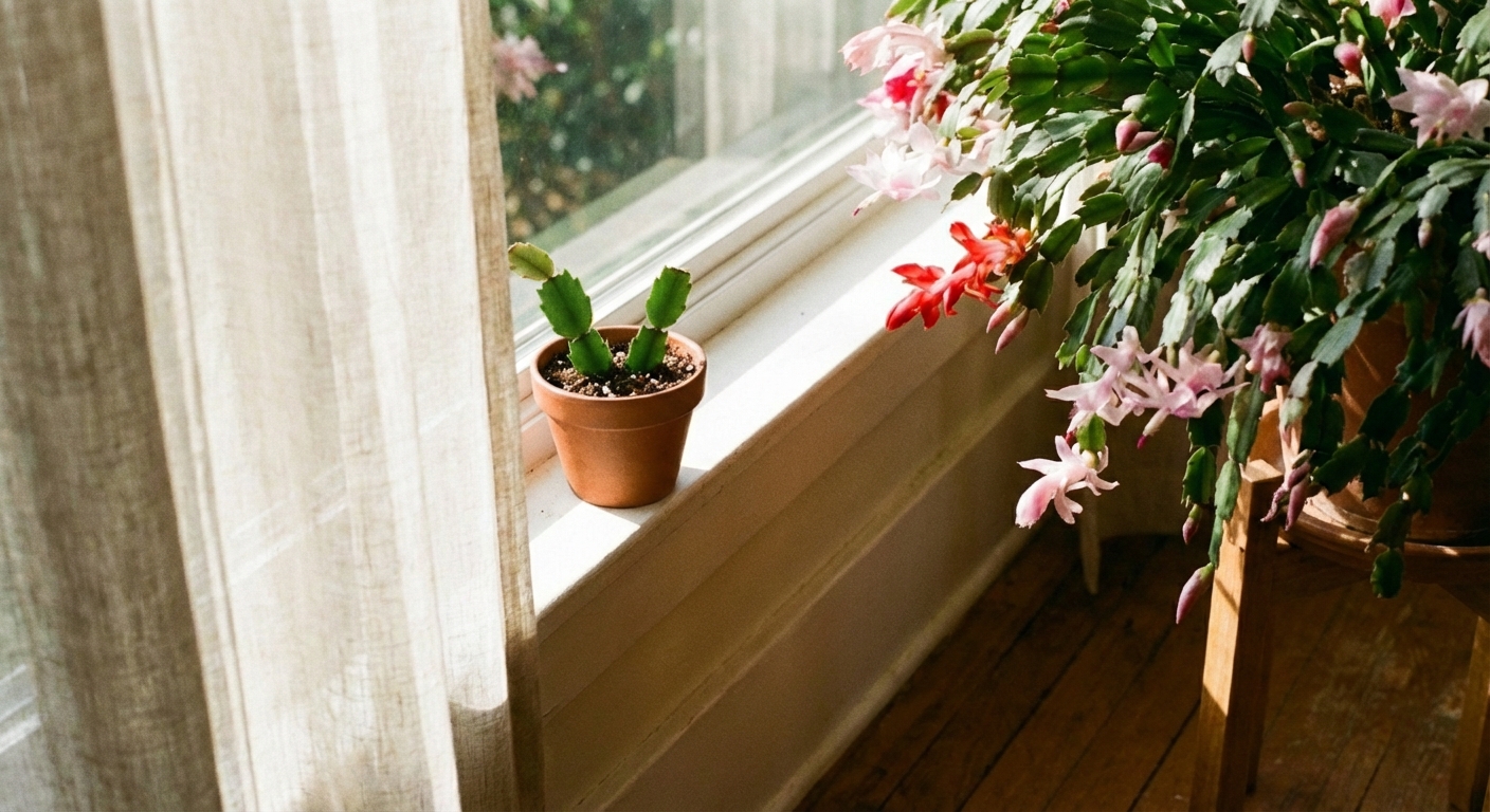 A real photograph of a small Christmas cactus cutting planted in a tiny nursery pot on a windowsill