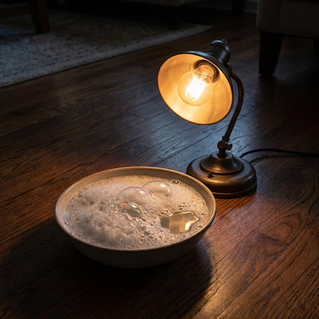 A real photograph of a small desk lamp shining on a shallow bowl of soapy water on a hardwood floor at night