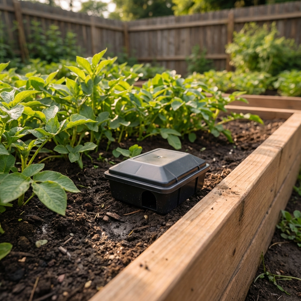 A real photograph of a small plastic container bait station placed on soil beside a garden bed