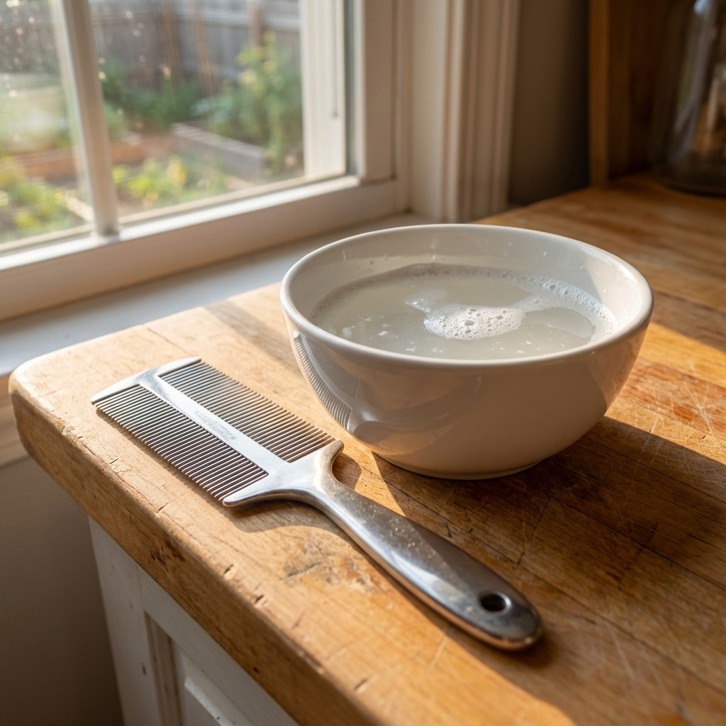 A real photograph of a stainless steel flea comb next to a small bowl of soapy water on a kitchen counter