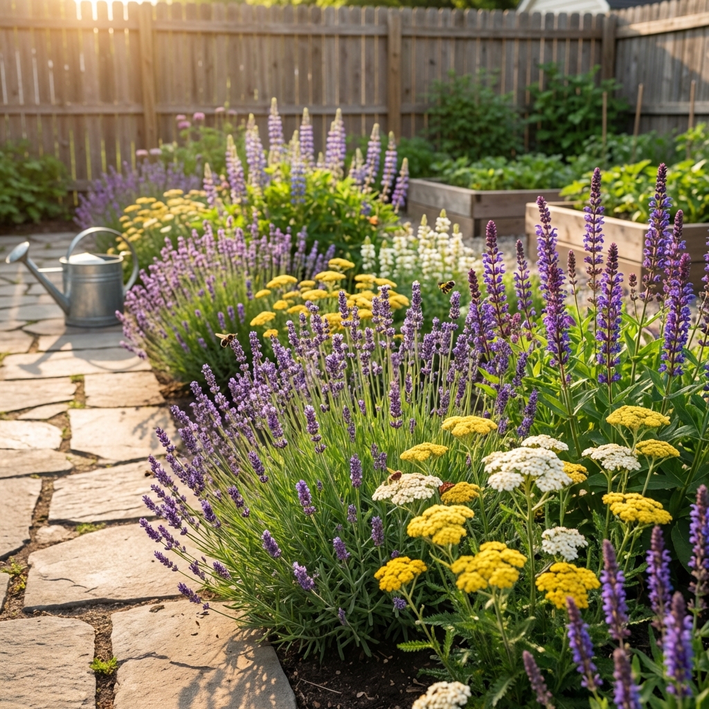 A real photograph of a sunny garden bed with lavender, yarrow, and salvia blooming along a walkway