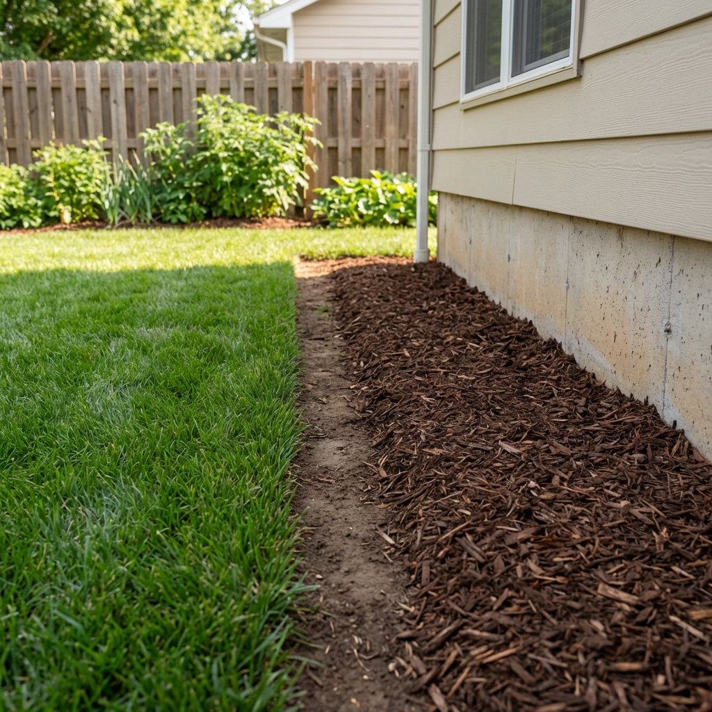 A real photograph of a tidy garden edge with short grass and a clear space between mulch and a home foundation