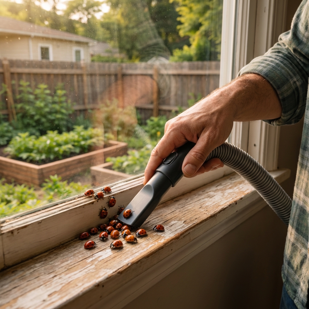 A real photograph of a vacuum hose being used along a windowsill where lady beetles are gathered