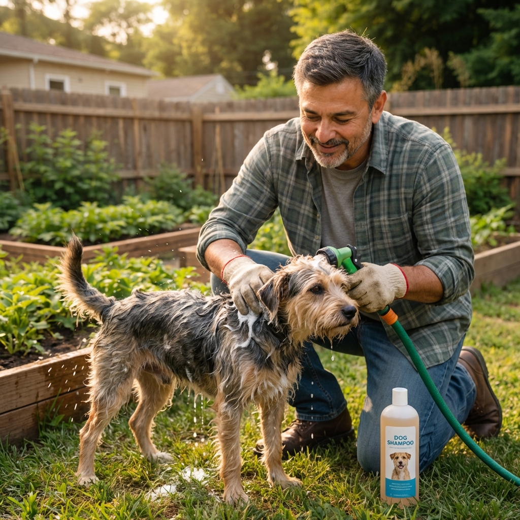 A real photograph of a wet dog being gently bathed outdoors with a hose while a person wearing gloves applies shampoo