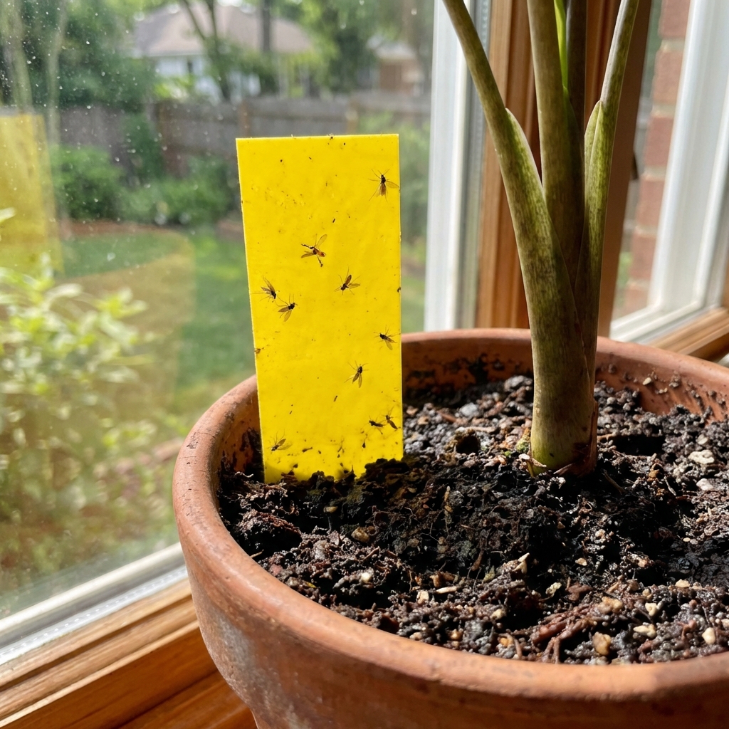 A real photograph of a yellow sticky trap inserted into the soil of a potted plant with several tiny gnats stuck to it