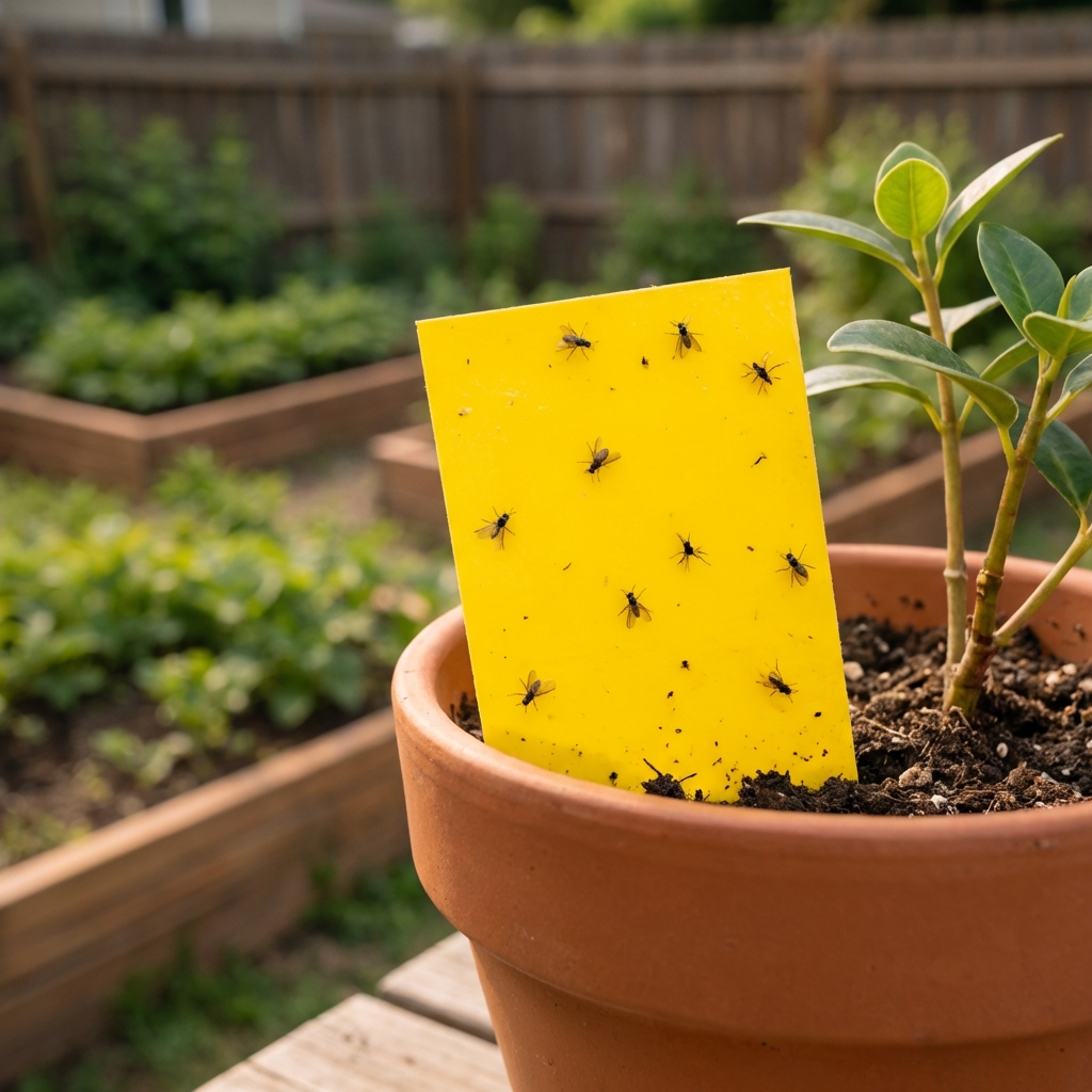 A real photograph of a yellow sticky trap inserted into a houseplant pot with several tiny gnats stuck to it