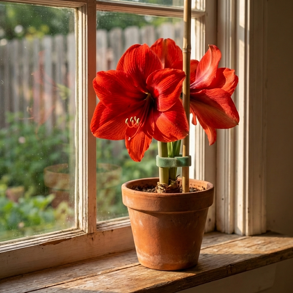 A real photograph of an amaryllis flower stalk supported by a simple bamboo stake and soft plant tie in a pot